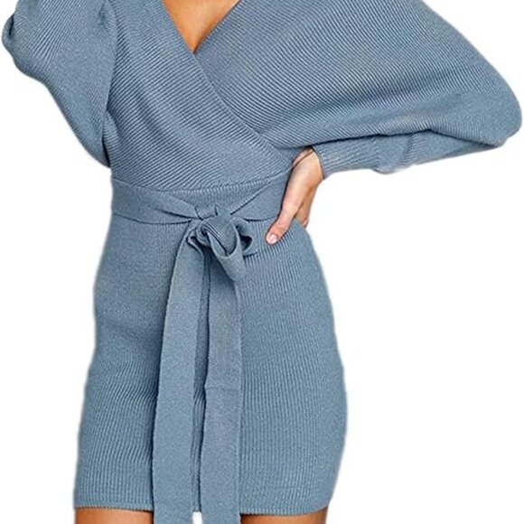 Women's Sexy Cocktail Batwing Long Sleeve Backless Mock Wrap Knit Sweater Dress - Picture 2 of 8